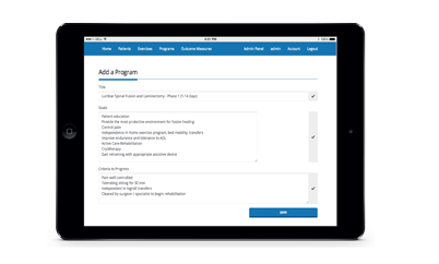 iPad showing eReps program builder with rehabilitation protocol selection