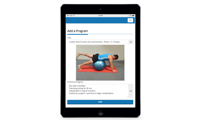 iPad showing eReps rehabilitation program with exercise images and criteria to progress